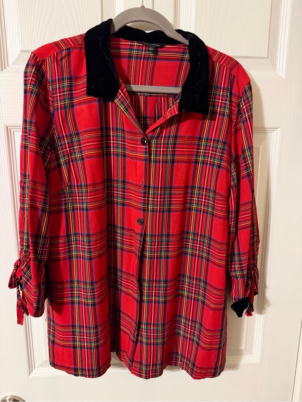 John Mark Red Plaid Shirt with Black Velvet Collar
